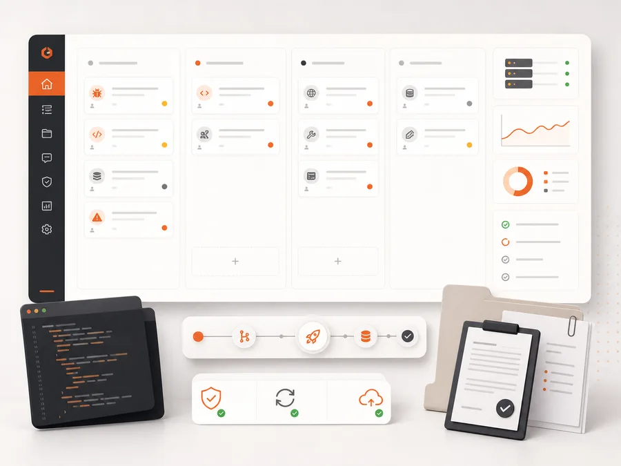 Generated abstract support queue board with anonymous tickets, status dots and handover documents