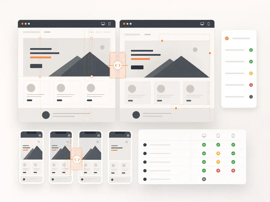 Generated abstract visual QA comparison board with anonymous browser panels and mobile checks