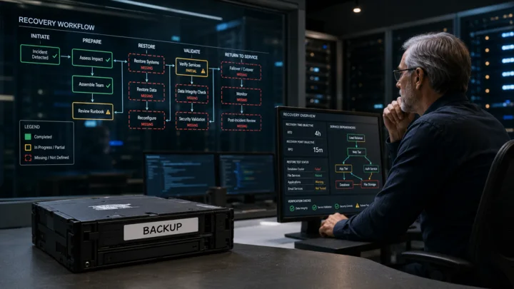 Recovery planning dashboard with backup hardware, restore dependencies and a technical owner reviewing server recovery status.