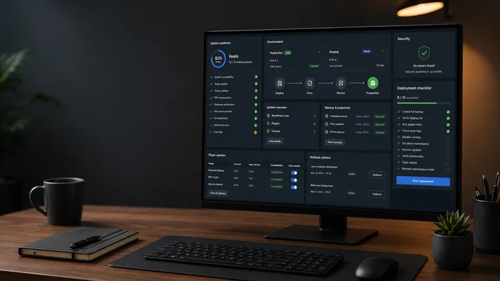 Technical checklist, checkout risk panel and monitoring screens for a WooCommerce production update review.