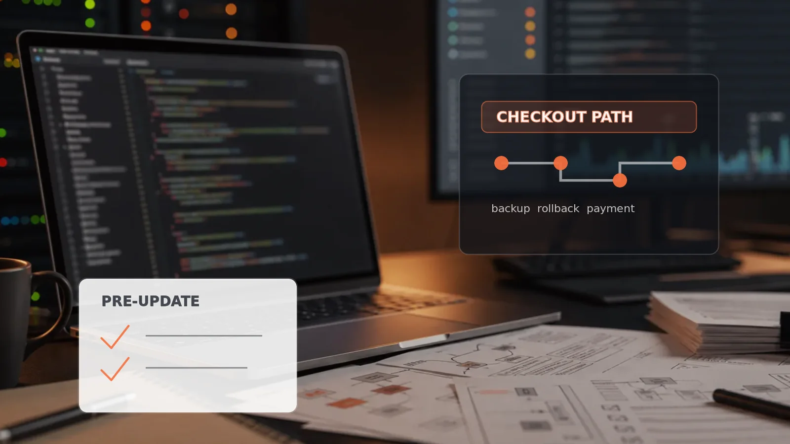 Technical checklist, checkout risk panel and monitoring screens for a WooCommerce production update review.