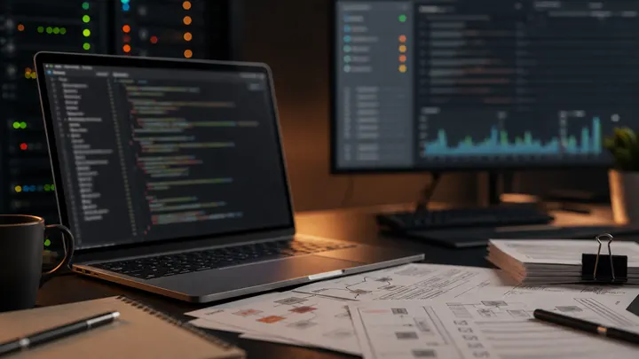 Developer workstation with legacy web code, monitoring panels and handover notes for an inherited web project takeover.