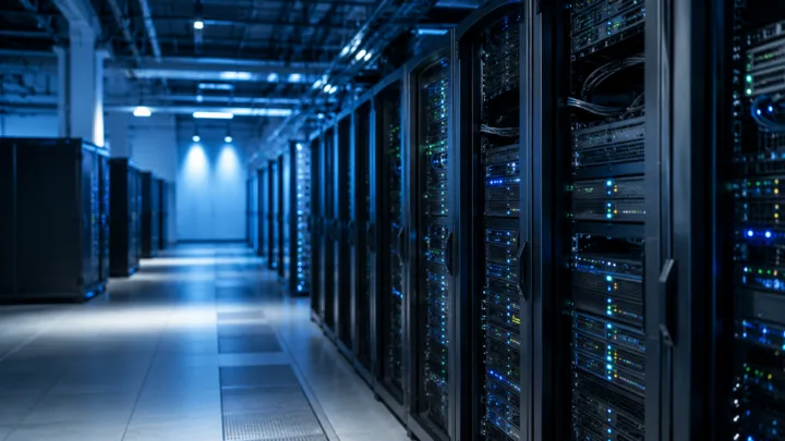 Dedicated server racks in a data centre with blue operational lighting, representing isolated infrastructure for production web projects.