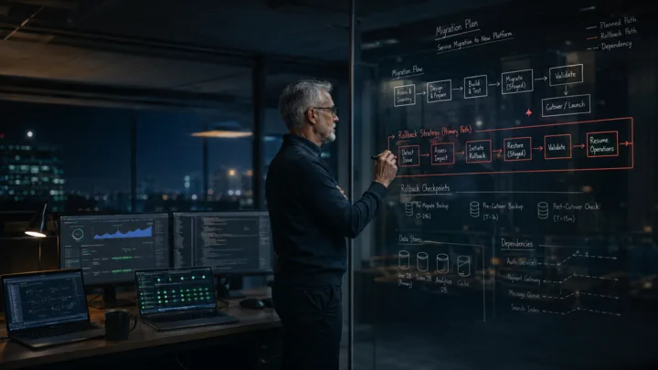 Technical lead mapping a web migration plan and rollback strategy on a glass board with production dashboards nearby.