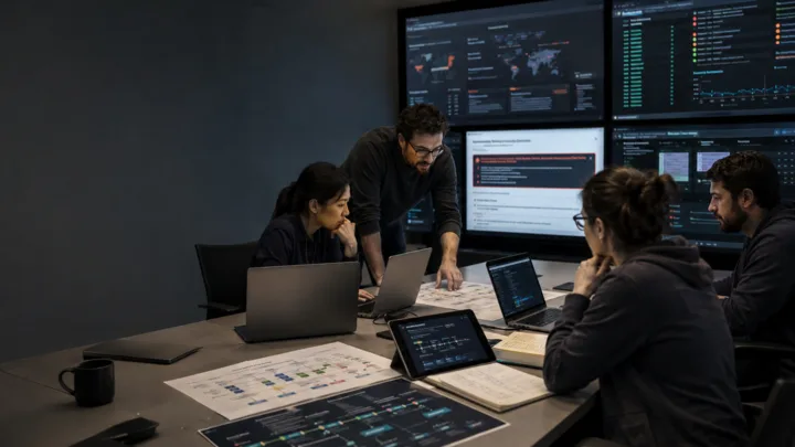 Security team reviewing vulnerability remediation, production dashboards and deployment plans in an operations room.