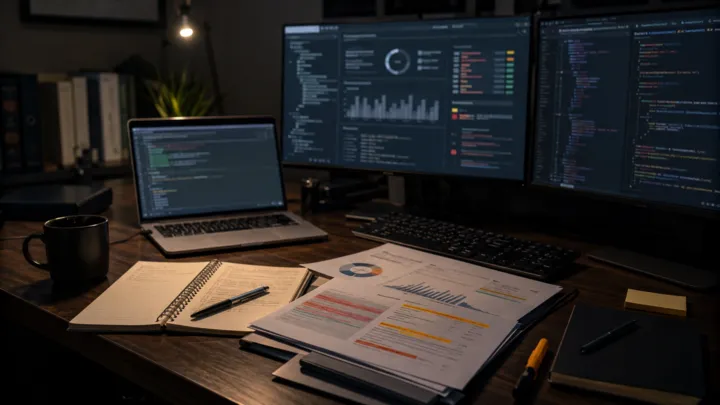Security review workspace with risk findings, ownership notes and remediation priorities being prepared for production work.