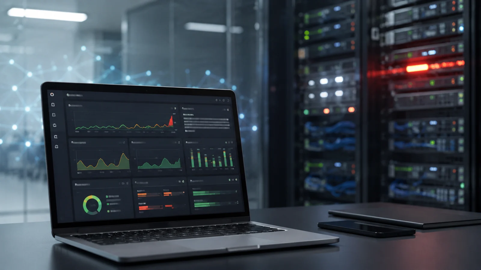 Sala de servidores e dashboard de monitorização num portátil com sinais de performance WordPress, picos de resposta e risco de infraestrutura.