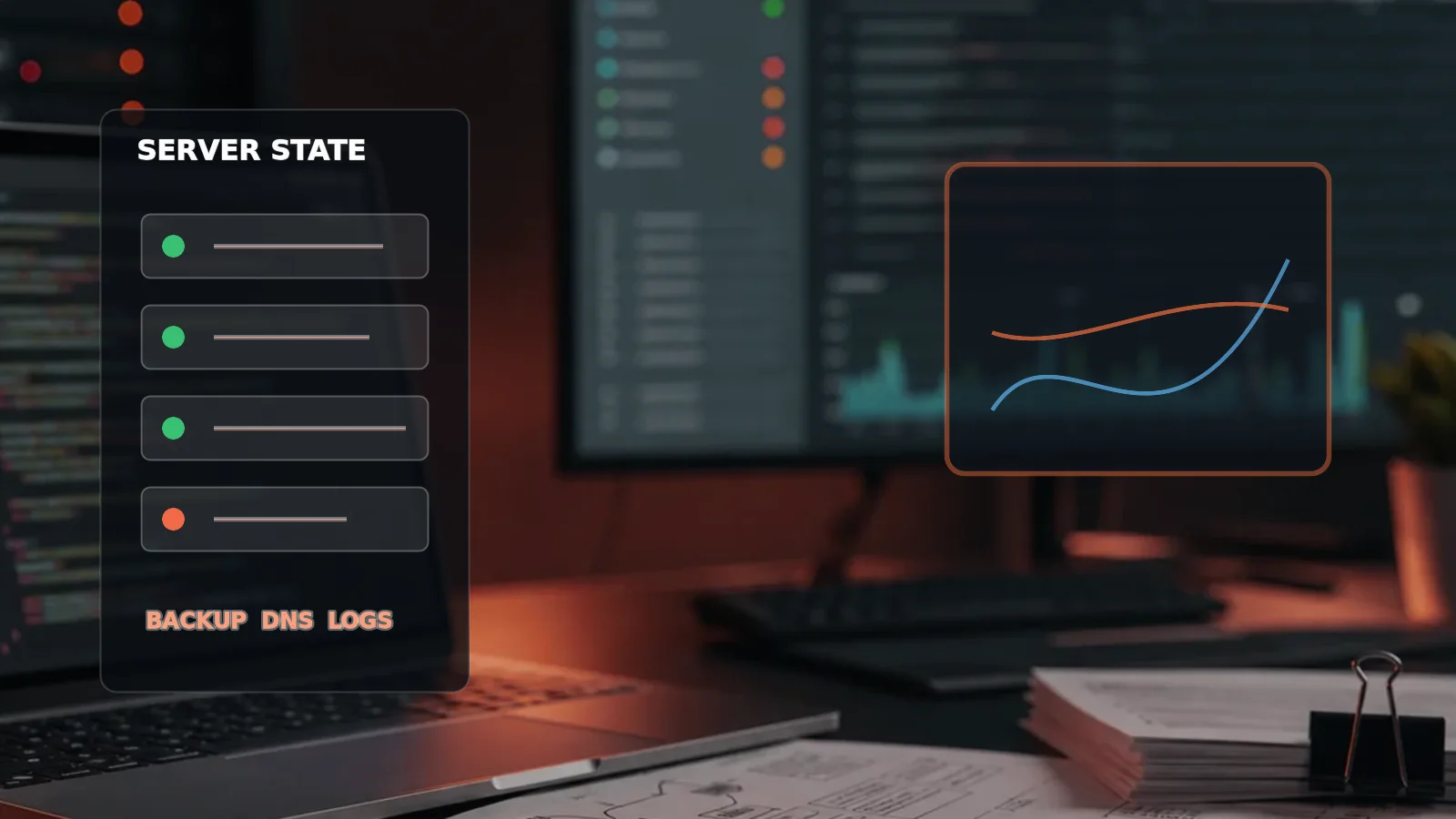 Managed VPS risk dashboard with server health, backup, DNS, SSL, logs and deployment signals for a production web project.