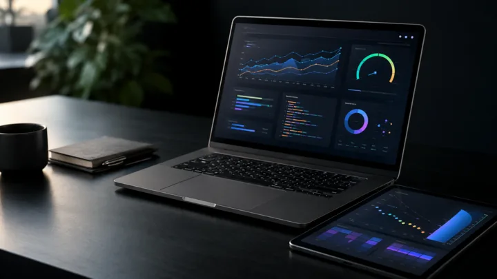 Laptop and tablet showing performance dashboards, speed charts and budget metrics for a technical website optimisation review.