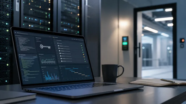 Laptop showing server access controls beside data centre racks and a secured operations room entrance.