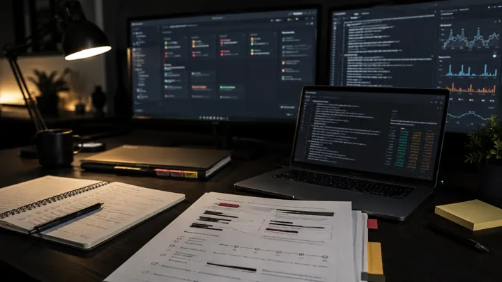 Technical support workstation with logs, dashboards, incident notes and handover documents for urgent web project support.