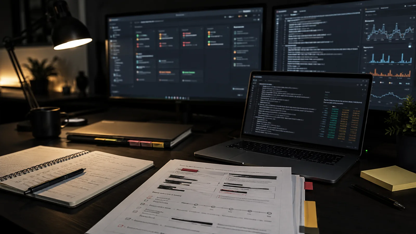 Technical support workstation with logs, dashboards, incident notes and handover documents for urgent web project support.