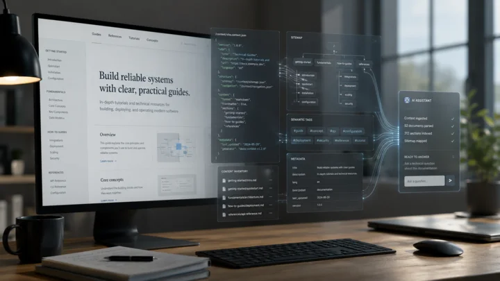 Technical documentation website with structured context panels, sitemap mapping, metadata and an AI assistant reading public website content.