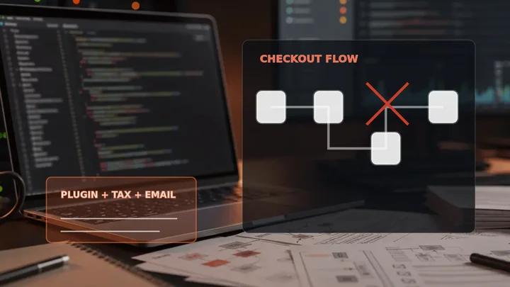 WooCommerce checkout flow diagram with payment, tax, stock, email, hosting and custom code risk signals.