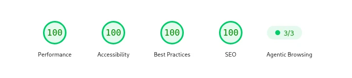 PageSpeed Insights and agentic browsing result for starter.pt showing 100 scores for Performance, Accessibility, Best Practices and SEO, plus 3 out of 3 Agentic Browsing.
