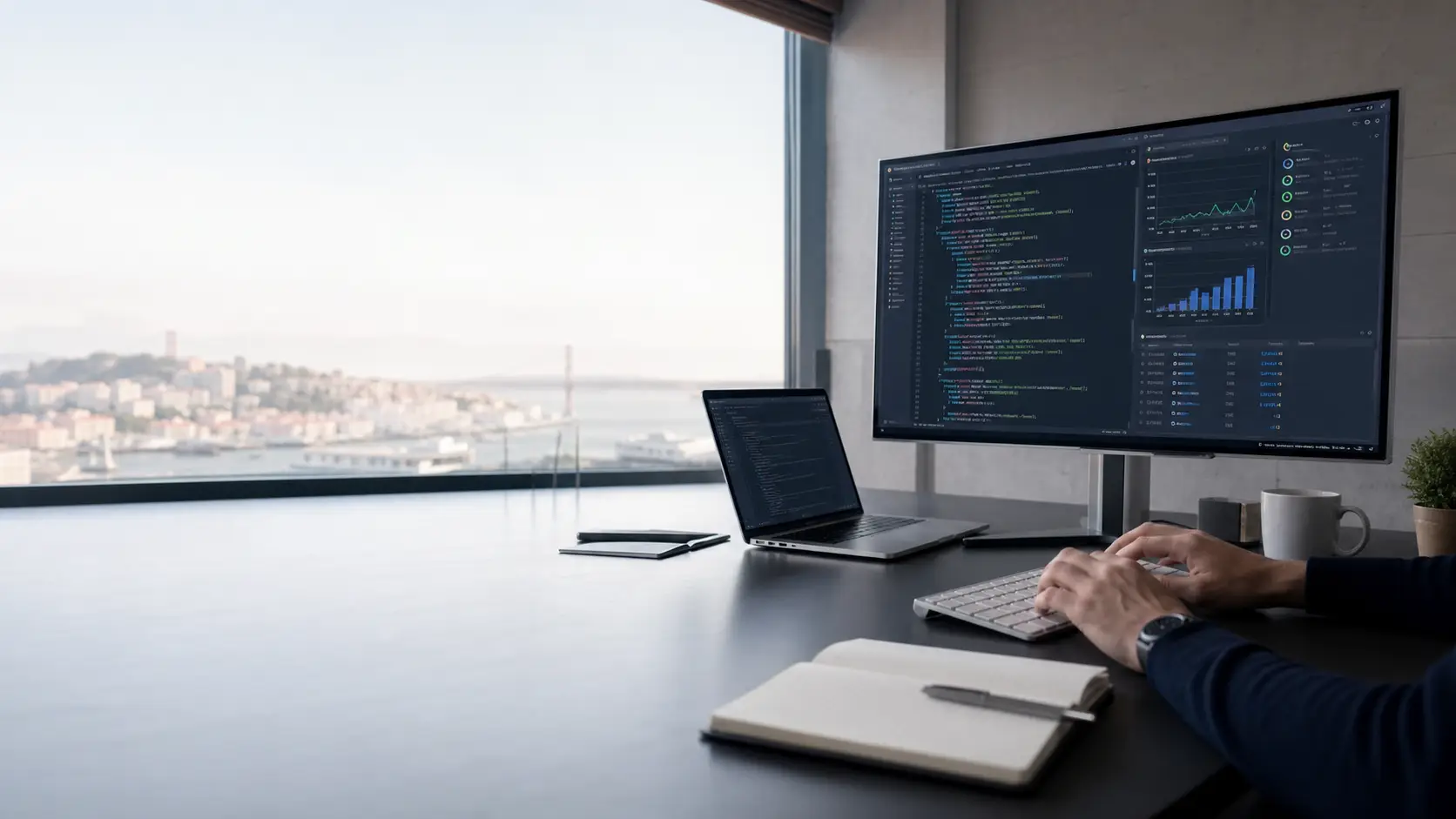 Senior developer workspace with code, monitoring and security review screens